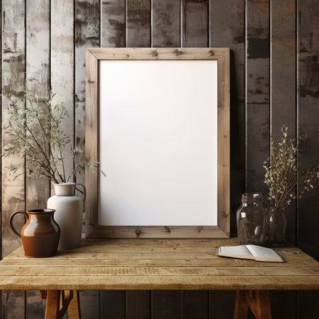 Mockup frame, Rustic Charm: Wooden Mockup Frame Resting Against a Distressed Barn Wall. Generative AIの素材