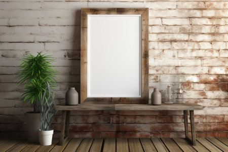 Mockup frame, Rustic Charm: Wooden Mockup Frame Resting Against a Distressed Barn Wall. Generative AIの素材