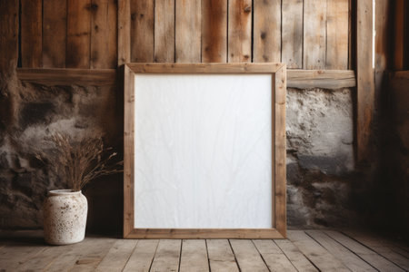 Mockup frame, Distressed Barn Wall with a Rustic Wooden Mockup Frame Leaning Against It. Generative AIの素材