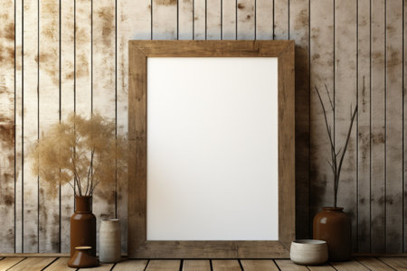 Mockup frame, Barn Wall Background with a Rustic Wooden Mockup Frame in Leaning Position. Generative AIの素材