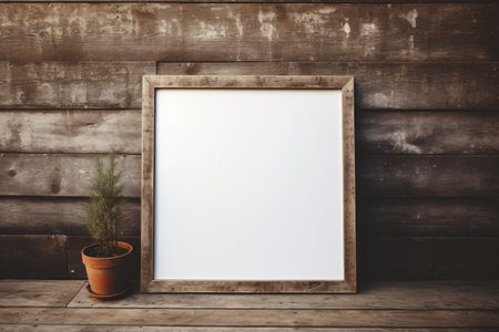 Mockup frame, Distressed Barn Wall with a Rustic Wooden Mockup Frame Leaning Against It. Generative AIの素材
