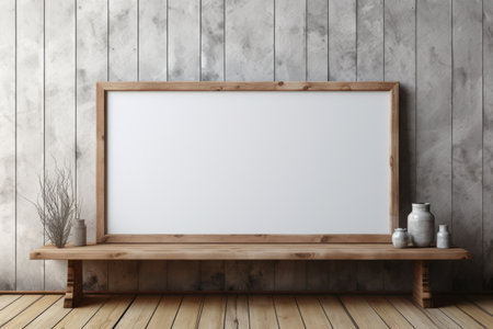 Mockup frame, Leaning Rustic Wooden Mockup Frame Against a Weathered Barn Wall. Generative AIの素材