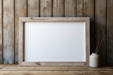 Mockup frame, Barn Wall Background with a Rustic Wooden Mockup Frame in Leaning Position. Generative AIの素材