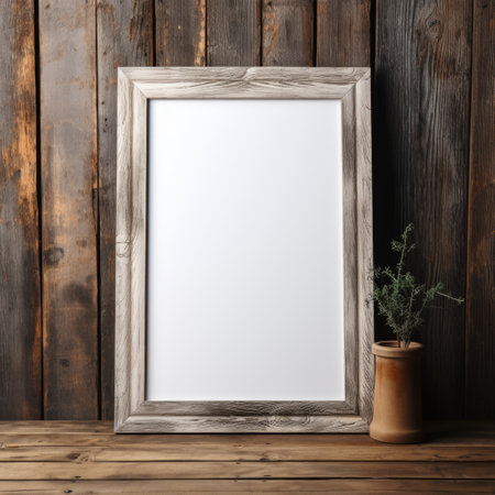 Mockup frame, Rustic Charm: Wooden Mockup Frame Resting Against a Distressed Barn Wall. Generative AIの素材