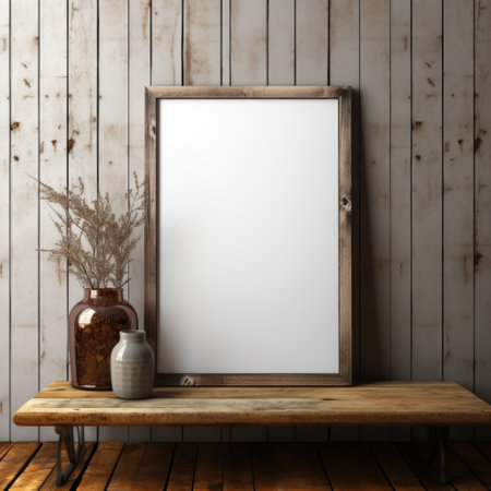 Mockup frame, Leaning Rustic Wooden Mockup Frame Against a Weathered Barn Wall. Generative AIの素材