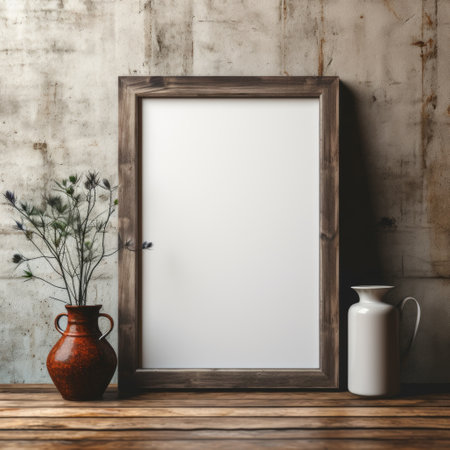 Mockup frame, Rustic Charm: Wooden Mockup Frame Resting Against a Distressed Barn Wall. Generative AIの素材