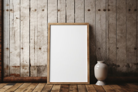 Mockup frame, Barn Wall Background with a Rustic Wooden Mockup Frame in Leaning Position. Generative AIの素材