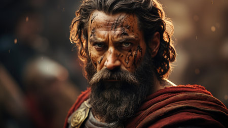 Portrait of an ancient warrior with a beard and mustache on a dark backgroundの素材