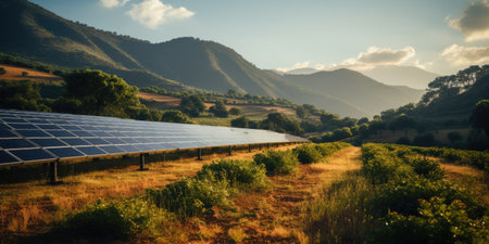 Solar panels in the mountains. alternative energy concept. selective focus.の素材