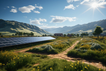 solar energy panels in the field and blue sky.の素材
