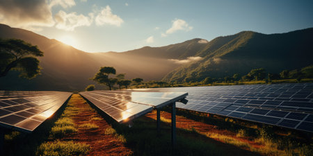 solar energy panels in the mountains at sunset.の素材