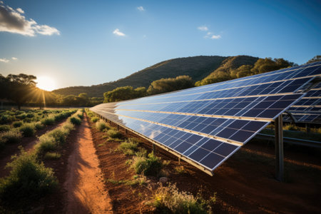 solar energy panels on a dirt road in the countryside at sunsetの素材