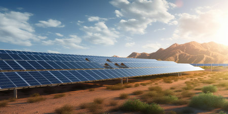 solar energy panels against blue sky over desert landscapeの素材