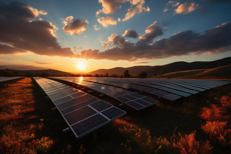Solar panels on the grassland at sunset. Concept of renewable energy.の素材