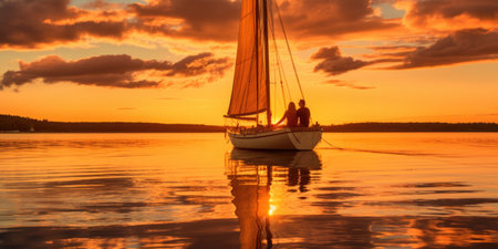 Sailing boat on the lake at sunset. Silhouette of a man and a woman on a yacht.の素材