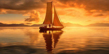 Sailing boat in the sea at sunset. 3D rendering.の素材