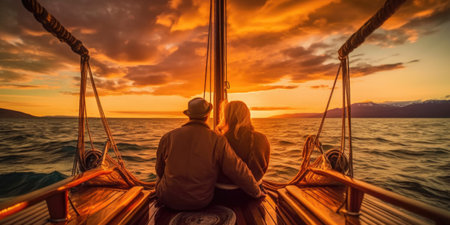 Couple sitting on the deck of a sailing boat during a beautiful sunsetの素材