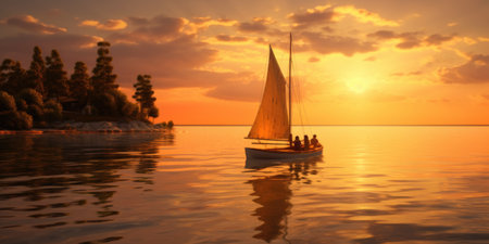 Beautiful sailboat on the sea at sunset. 3d renderingの素材