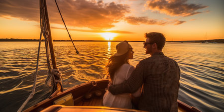 Romantic couple in love on a boat at sunset. Young man and woman in love on a wooden boat at sunset.の素材