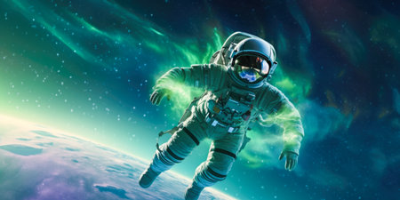 Astronaut spaceman do spacewalk while working for space station. mixed mediaの素材