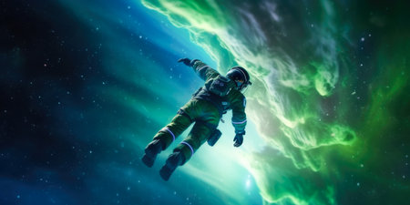 Astronaut flying in space against the background of the starry sky.の素材
