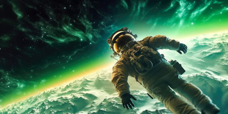Astronaut spaceman do spacewalk while working for space station. mixed mediaの素材