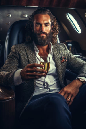 Handsome bearded man holding glass of champagne while sitting in planeの素材