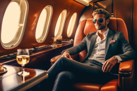Handsome young man in suit and sunglasses is sitting on chair in private plane.の素材