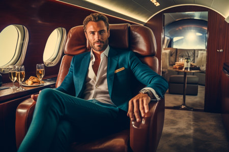 Handsome businessman in suit is sitting on the chair in the plane.の素材