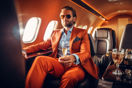 Handsome man in suit and sunglasses drinking champagne while sitting in airplaneの素材