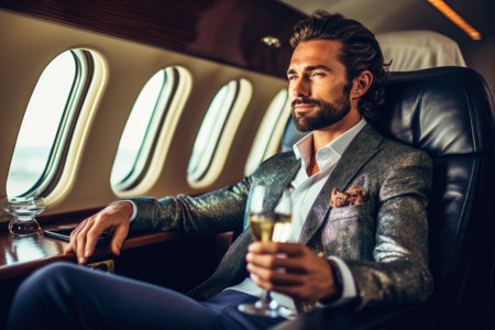 Handsome man in suit with glass of champagne in private planeの素材