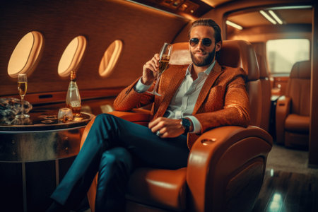 Handsome businessman drinking champagne while sitting in the luxury private planeの素材