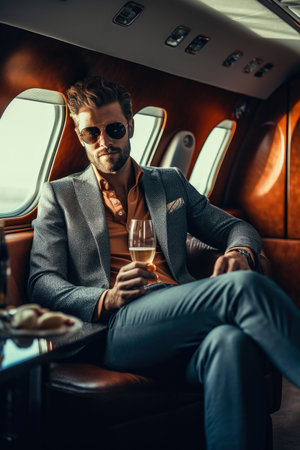 Handsome man in sunglasses drinking champagne while sitting in private planeの素材