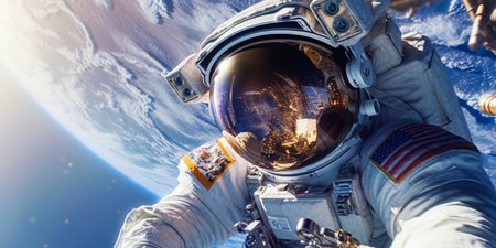 Astronaut spaceman do spacewalk while working for space station in outer space.の素材