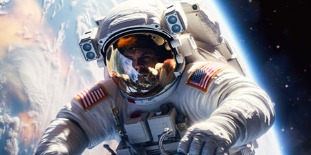 Astronaut in outer space. Astronaut spaceman do spacewalk while working for space station.の素材