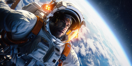 Astronaut in outer space against the background of the planet.の素材