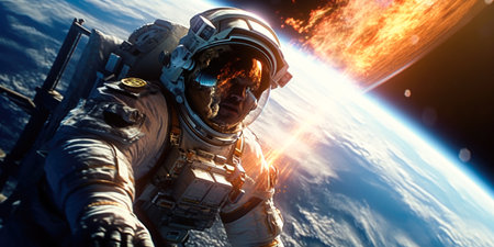 Astronaut spaceman do spacewalk while working for space station in outer space.の素材