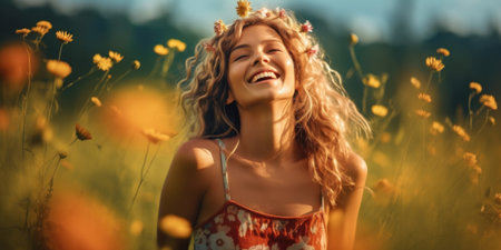 Beautiful girl with curly hair on the field of yellow flowers.の素材