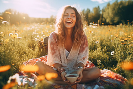 Beautiful young woman having picnic in the field at sunset time.の素材