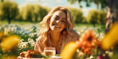 Beautiful young woman with long wavy hair sitting on a plaid in a field of yellow flowersの素材