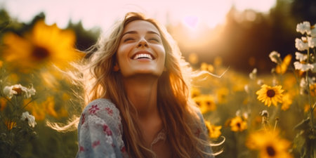 Young beautiful woman in a field of sunflowers at sunset.の素材