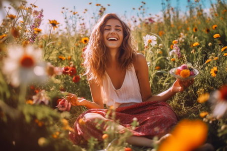 Beautiful young woman with a bowl of flowers in the field.の素材