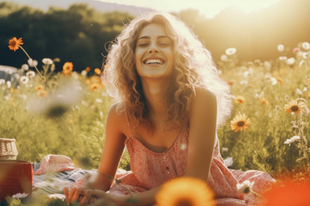 Beautiful young woman sitting in a field of sunflowers and smilingの素材