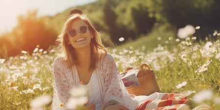 Happy young woman with a glass of wine in a field of flowersの素材