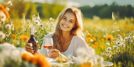 Portrait of a beautiful young woman sitting in the field with flowersの素材