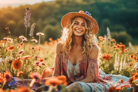 Beautiful young woman with glass of wine in the summer field.の素材