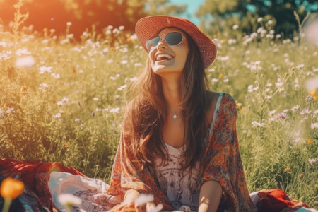 Beautiful woman sitting on a meadow with dandelions.の素材