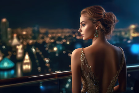 Beautiful young woman in evening dress on the balcony overlooking the cityの素材