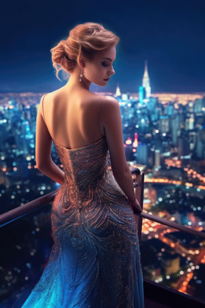 Elegant woman in evening dress standing on the balcony and looking at the city.の素材