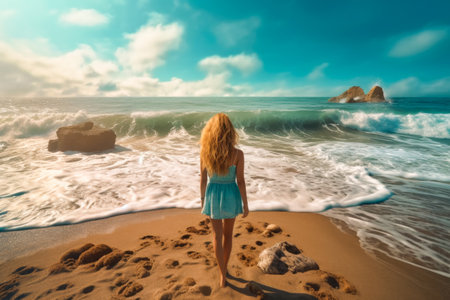 Beautiful young woman standing on the beach and looking at the seaの素材